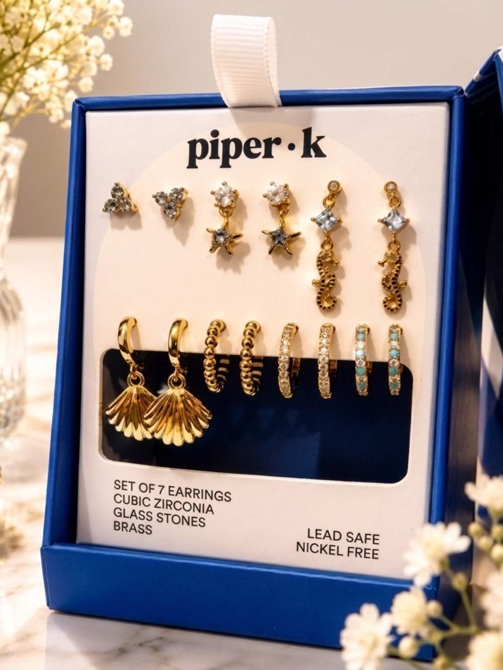 Piper k Gold and Blue 7-Pair Earring Set Nautical Sealife Small Hoops Dangles